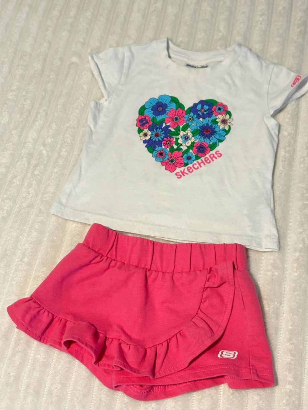 Skechers White Tee with Colorful Floral Heart Graphic and Pink Skort